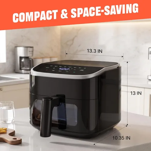 Vista 2 de OLIXIS Freidora de aire de 4 cuartos con ventana visible, freidora de aire digital de 1500 W con pantalla táctil con 8 ajustes preestablecidos Negro