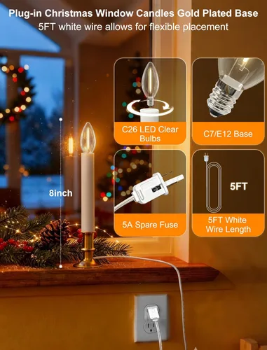 Vista 3 de Lámpara de vela eléctrica para ventana, luces de velas de ventana de Navidad con base chapada en níquel y bombilla C26, lámparas de velas