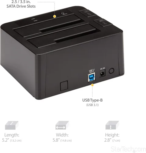 Vista 5 de StarTech.com Estación de acoplamiento de disco duro USB 3.1 a SATA de doble bahía, USB 3.1 (10 Gbps), externa 2.5/3.5" SATA I/II/III, estación