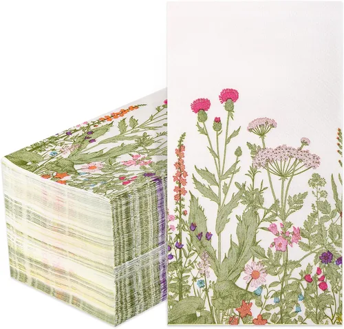 Vista 8 de 100 servilletas de papel de flores silvestres, desechables, floral, 3 capas, servilletas vintage botánicas con hojas verdes, hierbas, toalla de mano