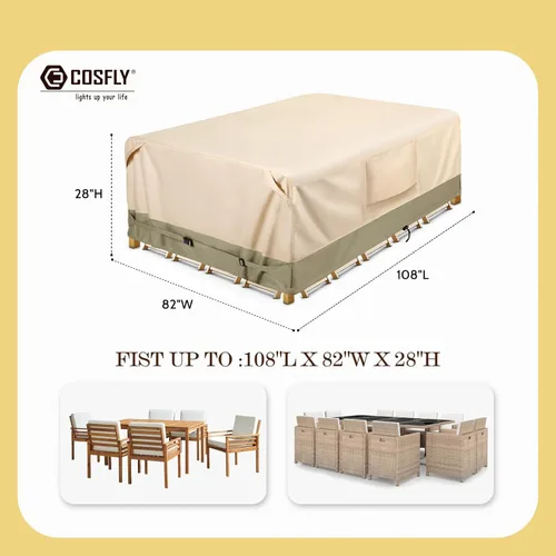 Vista 2 de COSFLY Funda Impermeable de Servicio Pesado para Muebles de Patio para Conjunto de Mesa y Sillas de Exterior - Se Adapta a 108L x 82A pulgadas, Tela