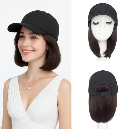 Vista 35 de SEGO Hat Wig, Hat with Hair Attached for Women Black Baseball Cap with Hair Extensions, Short Bob Baseball Cap Wig Adjustable Hats for Daily Party