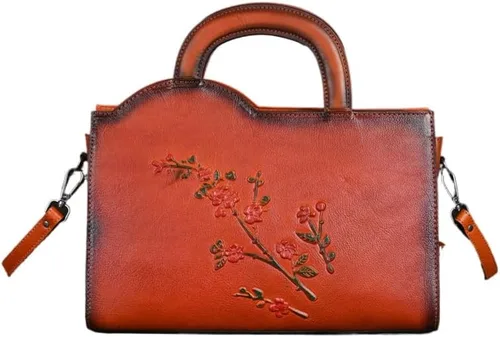 Bolso tote de cuero genuino hecho a mano para mujer, bolso vintage floral en relieve