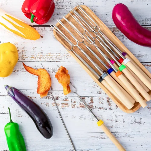 Vista 6 de 36 palitos para asar malvaviscos para fogata para hoguera de 32 pulgadas de largo, extensibles, con mango de madera, bolsa de almacenamiento