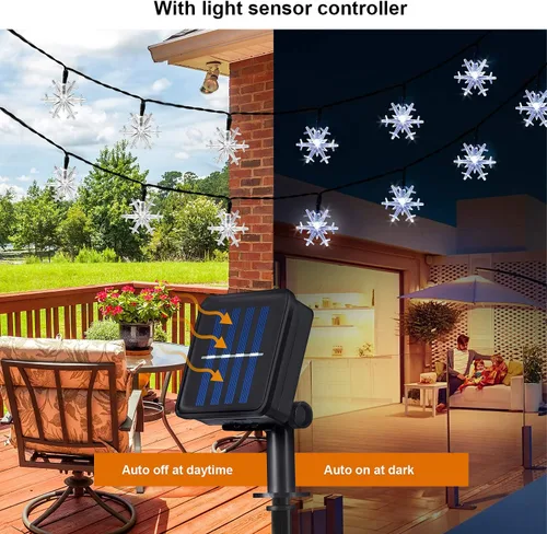 Vista 3 de Guirnalda de luces solares de copo de nieve, 50 LED de 23 pies, 8 modos, impermeable, funciona con energía solar, guirnalda de luces para patio