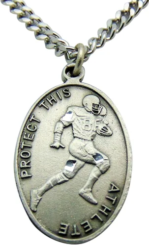Peltre Macizo fútbol medalla con cadena y Saint Sebastian Santa tarjeta en caja Set