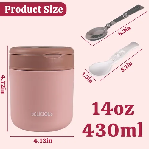 Vista 3 de Lonchera Bento de 14 onzas para comida caliente, con cuchara plegable, a prueba de fugas, de acero inoxidable, con aislamiento, para viajes al aire