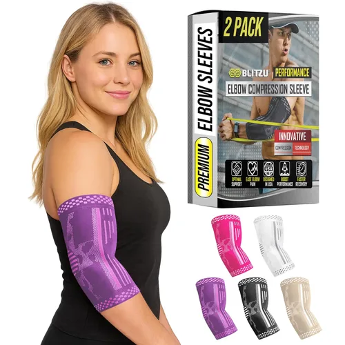 Vista 11 de BLITZU Paquete de 2 mangas de compresión de codo para tendinitis, soporte para codo de tenis para hombres y mujeres, golfistas, alivio del dolor