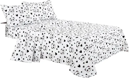 Vista 8 de Chezmoi Collection Juego de sábanas de 3 piezas para niños y adolescentes, microfibra suave, color blanco y negro, estampado de corazones de panda