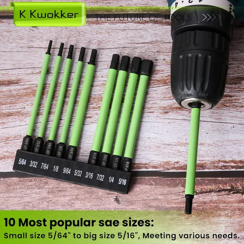 Vista 4 de SAE 4" Largo 10 Piezas 1/4" Brocas de Llave Allen con Cabeza Hexagonal, Juego de Puntas de Destornillador Magnético de 5/64" a 5/16" para Tornillos