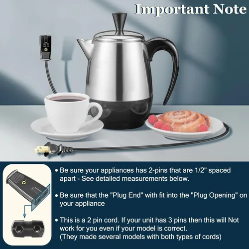 Vista 5 de HASMX Percolator - Cable de alimentación para cafetera Farberware modelo 138B 142A 142B 142NT, cable de 2 pines, color negro, 3 pies de longitud