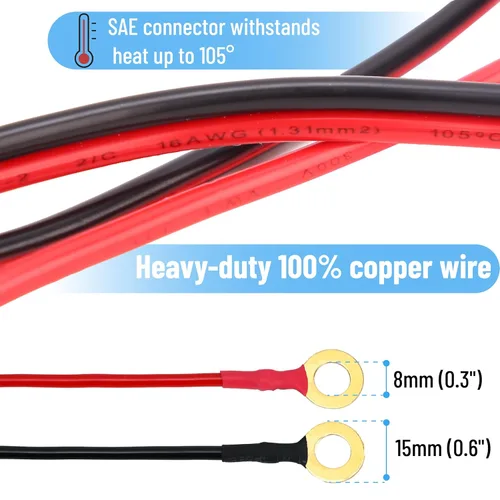 Vista 2 de Bates - Conector de batería SAE, 2 pies, 16 AWG, SAE a arnés de terminal de anillo tórico, conector de batería de 2 pines