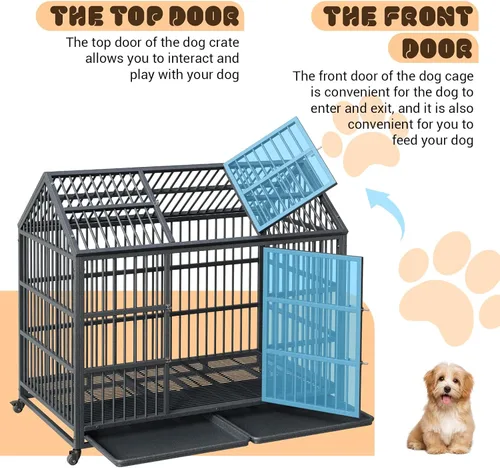 Vista 4 de 52inch Pointed Top Sliding Rail Dog Cage with Dual Doors, Folding Heavy Duty Metal Kennel, Portable with 360° Casters, Removable Tray, Secure Lock