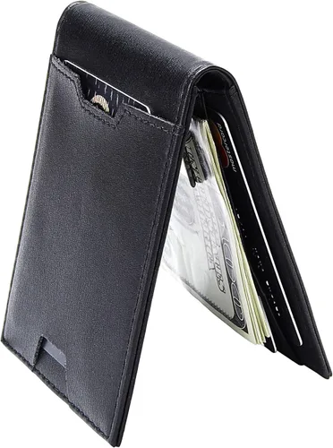 FEITH&FELLY Billetera plegable para hombre con clip para dinero, bolsillo frontal minimalista de cuero, bloqueo RFID, negro (Napa Black), Minimalista