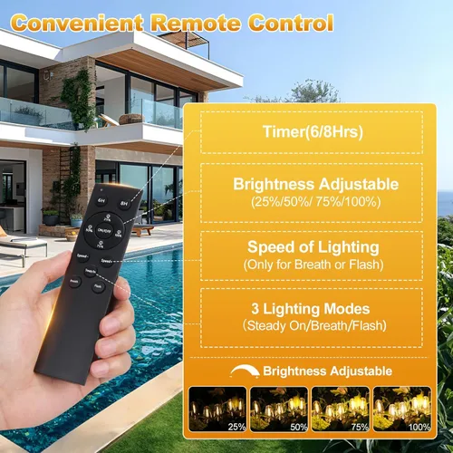 Vista 5 de 100 pies de luces de cadena solar para exteriores con control remoto, luces LED recargables por USB para patio con 52 bombillas ST38 Edison