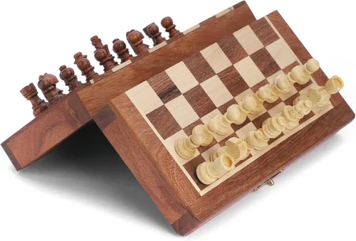 Vista 2 de Ajuny Juego de Ajedrez Magnético para Viaje - Madera de Acacia Hecha a Mano, Tablero Plegable con Elegante Almacenamiento Edades