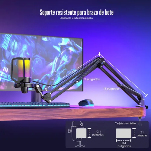 Vista 8 de FIFINE Gaming PC USB Microphone, Podcast Condenser Mic with Boom Arm, Pop Filter, Mute Button for Streaming, Twitch, Online Chat, RGB Computer Mic