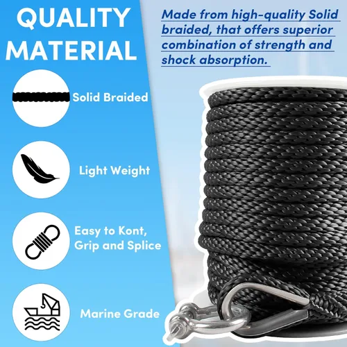 Vista 4 de Cuerda de anclaje premium de 50 pies x 1/2 pulgadas, línea de anclaje trenzada sólida MFP para barco con dedal y grillete - Negro