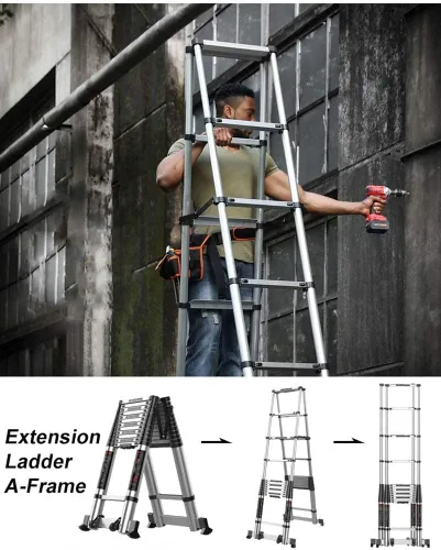 Vista 2 de Escalera telescópica tipo loft – Escaleras de extensión plegables de aluminio con marco A portátil para el hogar, 8.9 ft/10.2 ft/11.5 ft/12.8