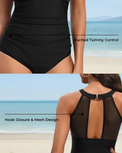 Vista 4 de Tempt Me - Traje de baño de una pieza para mujer, cuello alto, con malla, fruncidos y control del abdomen