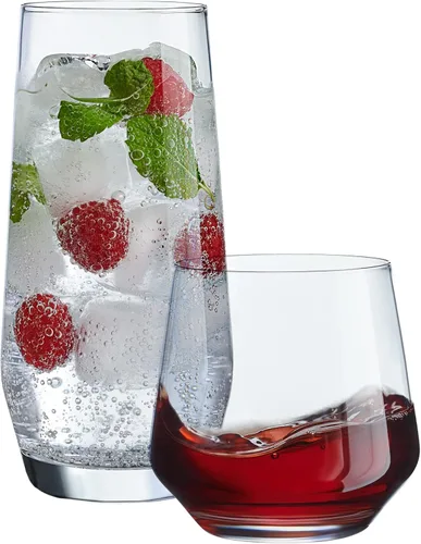 Le'raze Juego de 8 – 4 vasos altos de vidrio altos y 4 vasos cortos Dof para beber, vasos de cocina para cóctel, café helado, cerveza, té helado,