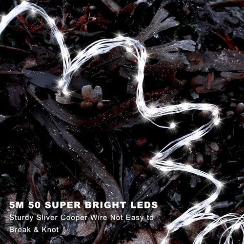 Vista 6 de Paquete de 2 luces de hadas de Navidad que funcionan con pilas, 16.4 pies, 50 LED de alambre de cobre plateado, luces parpadeantes con 2 modos