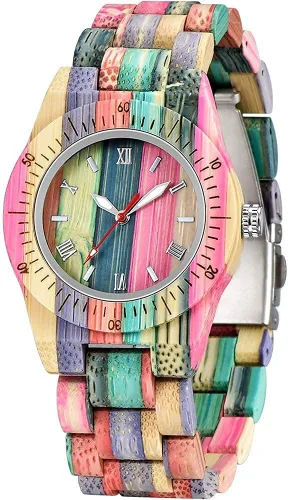 Vista 9 de Tiong Reloj de madera para mujer con correa de madera, cuarzo analógico, diseño clásico, colorido reloj de pulsera de bambú para damas, parejas..