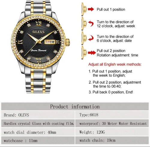 Vista 4 de OLEVS Relojes de lujo con diamantes para hombre, reloj de negocios de cuarzo, impermeable, con números romanos, calendario, semana, reloj