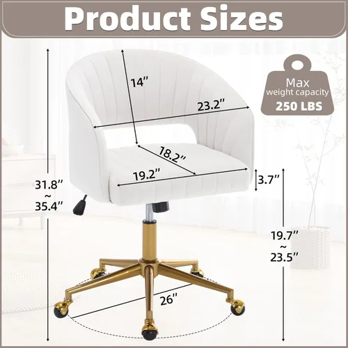 Vista 74 de ABET Silla de escritorio con ruedas, silla de terciopelo para oficina en casa, sillón giratorio con base dorada, sillas decorativas modernas