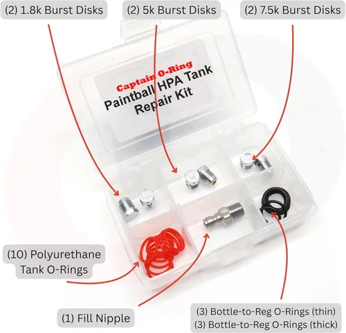 Vista 2 de Captain O-Ring Kit de reparación de tanque de paintball (discos de ráfaga, pezón de llenado, juntas tóricas de tanque, etc.)