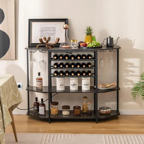 Vista 17 de COSTWAY Armario para bar de vinos, gabinete de licor de 3 niveles con tomas de corriente, estantes para botellas de vino, soportes de vidrio, Marrón