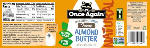 Vista 2 de Once Again Mantequilla cremosa natural de almendras, 16 onzas, tostada, sin sal, sin azúcar, certificado sin gluten, sin maní, vegano, kosher
