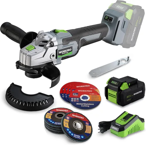 Vista 8 de WORKPRO Kit de amoladora angular inalámbrica de 20 V, 4-1/2 pulgadas, herramienta de amoladora angular ligera, batería de iones de litio de 4.0 Ah