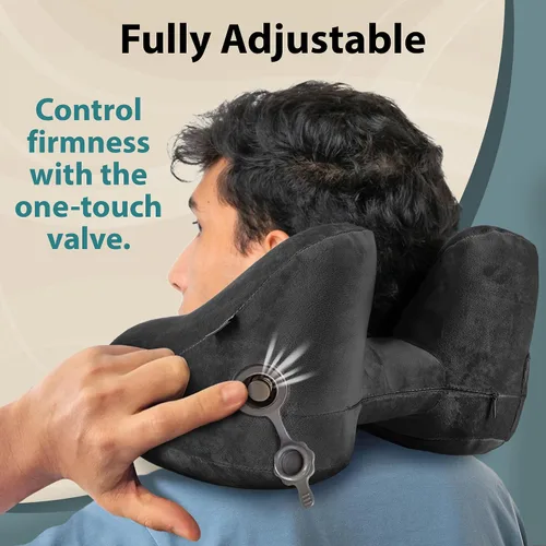 Vista 3 de FLOWZOOM Almohada inflable para el cuello para viajar en avión, almohada de avión con capucha en forma de H con 5 modos de repetición, inflado Negro