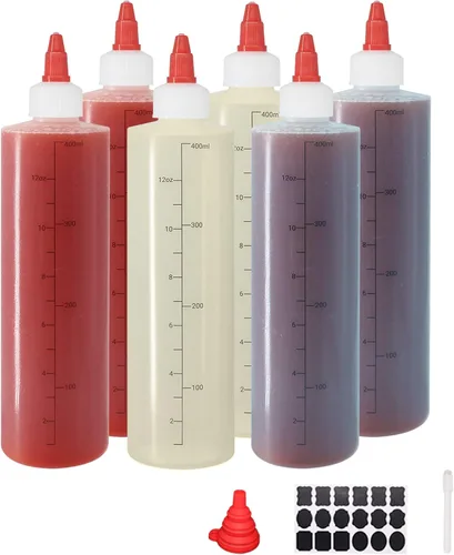 Vista 15 de Paquete de 8 botellas de condimento de plástico de 12 onzas con tapas de tapa, perfectas para condimentos, aceite, glaseado, líquidos, juego de 8