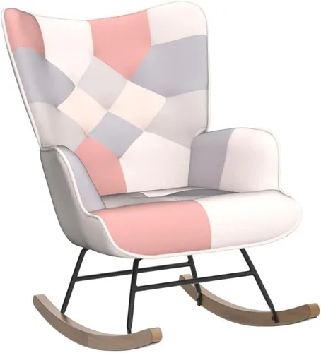 Vista 5 de Mecedora moderna de tela de lino, mecedora con respaldo alto y reposabrazos, cómodo sillón lateral con base de madera maciza para guardería, sala