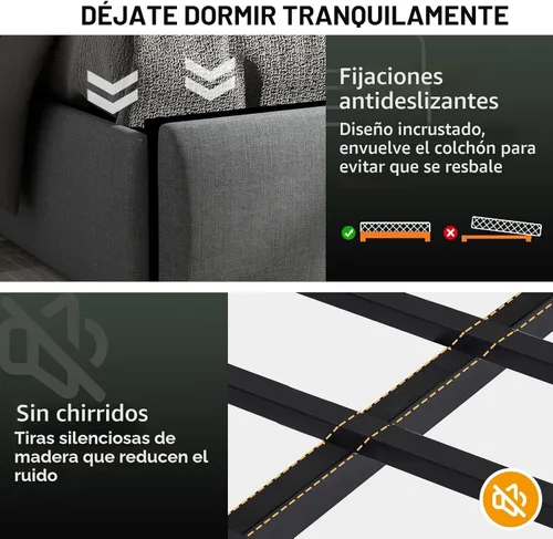 Vista 6 de Base de cama Queen con 4 cajones de almacenamiento y luces LED, plataforma tapizada tamaño Queen con estación de carga, soporte de listones