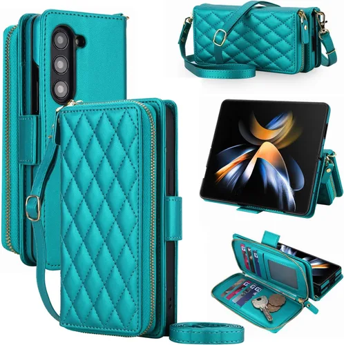 Vista 22 de Compatible con Samsung Galaxy Z Fold 3 5G 2021 - Funda tipo cartera con cremallera y bloqueo RFID, correa para tarjetero, ranuras para tarjetas Rojo