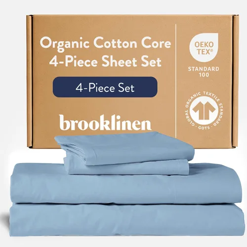 Brooklinen Juego de sábanas de 4 piezas con núcleo de algodón orgánico, 100% certificado GOTS, 1 sábana bajera, 1 sábana encimera, 2 fundas de