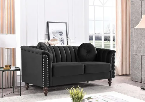 Vista 4 de Container Furniture - Sofá de terciopelo copetudo con cojines extraíbles y patas de madera torneada, elegante mueble de sala de estar para el hogar