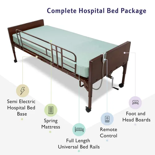 Vista 2 de Cama de hospital semieléctrica con colchón de resortes internos y rieles completos incluidos, para uso en el cuidado del hogar e instalaciones