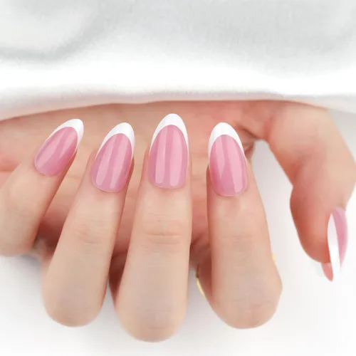 Vista 10 de GLAMERMAID Seashell Pink - Uñas postizas cortas a presión, color almendra