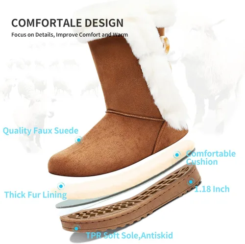 Vista 4 de Obtaom Botas de nieve de invierno para mujer con forro de piel cortas a media pantorrilla botas de moda con botón de resina botas de gamuza sintética