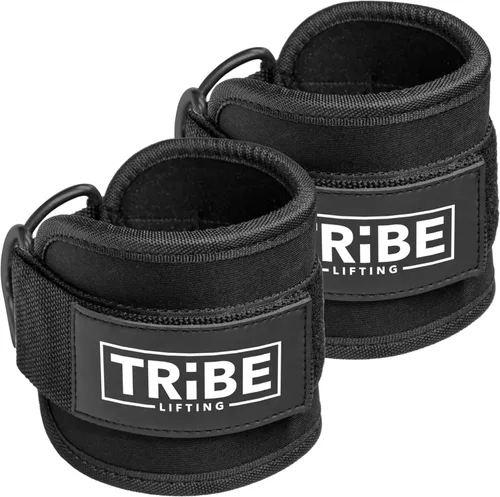 Vista 6 de Tribe Lifting Ankle Straps for Cable Machines - Padded Neoprene Ankle Cuffs with Double D-Ring Attachments - Adjustable Leg Straps for Glute