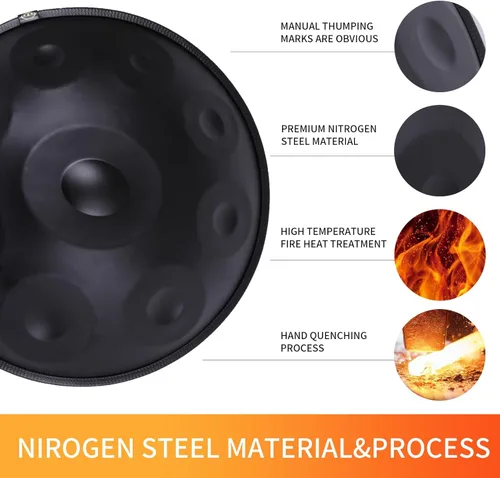 Vista 4 de Kurd Handpan 22" D Minor - Tambor de mano de 9 notas para rendimiento profesional, sonido de 440 Hz, incluye paño, soporte