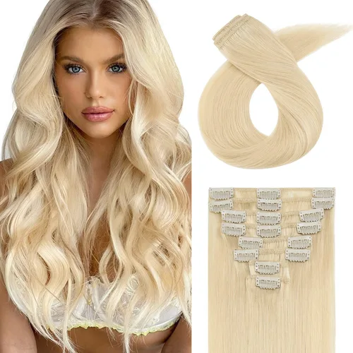 Vista 28 de Extensiones de cabello con clip, cabello humano Remy, extensiones de cabello largo lacio de una pieza con 5 clips, con gancho para colgar