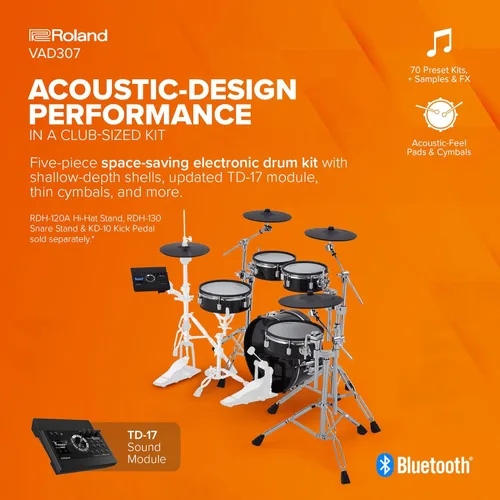 Vista 2 de Roland VAD307 V-Drums Kit de batería electrónica de diseño acústico premium de 5 piezas con cascos de poca profundidad