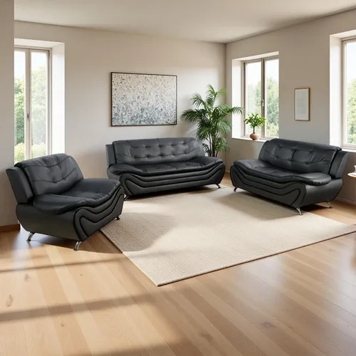 Vista 60 de Sofá seccional de cuero negro, juego de muebles de sala de estar, juego de 2 piezas de sofá moderno para sala de estar, apartamento, oficina, negro#1