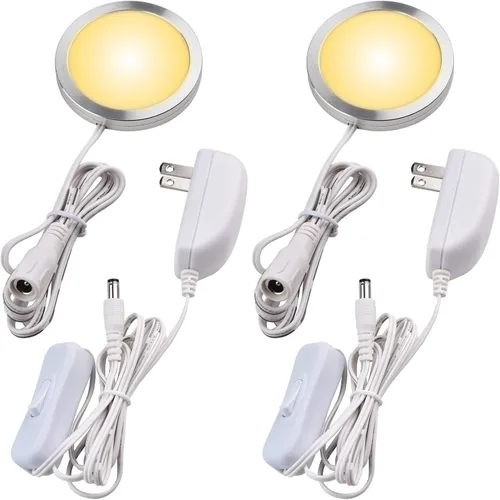 Vista 8 de Luz de disco individual debajo del gabinete, vitrinas de colección con iluminación LED, enchufe de pared eléctrico de 120 V con cable, interruptor