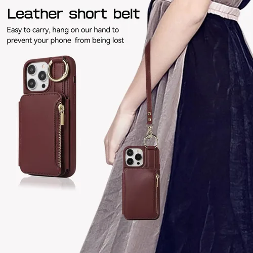 Vista 7 de for iPhone 15 Pro Max Wallet Case Crossbody, RFID Blocking Leather Card Holder Phone Zipper Purse Cases with Shoulder Wrist Straps Women for Apple